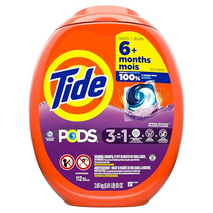 Tide PODS laundry detergent pacs, 3-in-1 Stain Remover, Odor Fighter, Color Protector, 112 Count, HE compatible, Spring Meadow Scent
